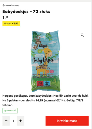 Babydoekjes 6 pakken ( 432 doekjes ) voor 4,99 euro