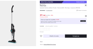 Aspirador Vertical y de Mano Thunder - Potencia 600W - Filtro Hepa - Accesorios marca PRIXTON por 37.14€ (Cuenta Nueva 25.14€)