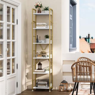 Librería Estanteria de 6 Niveles con 4 Ganchos estantes madera y marco de metal por 39,99€