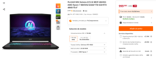 Portátil MSI Katana A15 AI B8VF-604XES AMD Ryzen 7 8845HS/32GB/1TB SSD/RTX 4060/15.6" por 999€ (tambien amazon)