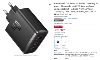 Baseus USB C-oplader, 65 W USB C voeding voor €19,99 bij Amazon