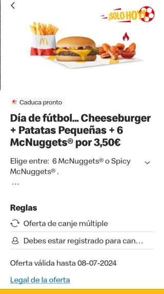 Cheeseburger+ patatas pequeñas+6mcnuggets por 3,50€