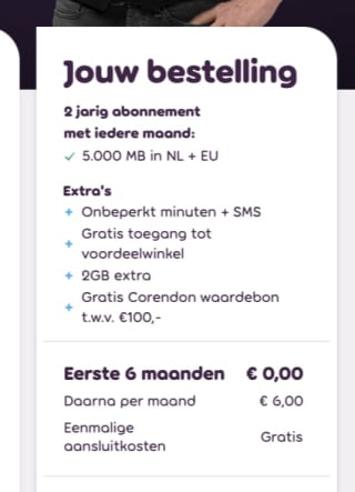 Onbeperkt bellen + SMS + 5GB DATA + 6 maanden gratis abonnement + €100 corendon waardebon ( €4,50 per maand)