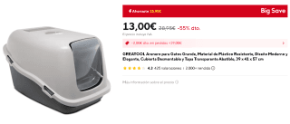 Arenero para Gatos Grande, Cubierta Desmontable y Tapa Transparente Abatible por 13€