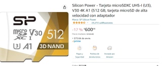 Tarjeta microSDXC Silicon Power 512GB + adaptador por $600