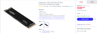 Disque dur SSD CRUCIAL P3 Plus 2 To PCIe 4.0 NVMe M.2 2280 à 109,99€