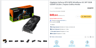Tarjeta Gráfica Gigabyte GeForce RTX 5070 Windforce OC SFF 12GB GDDR7 DLSS4 por 649€