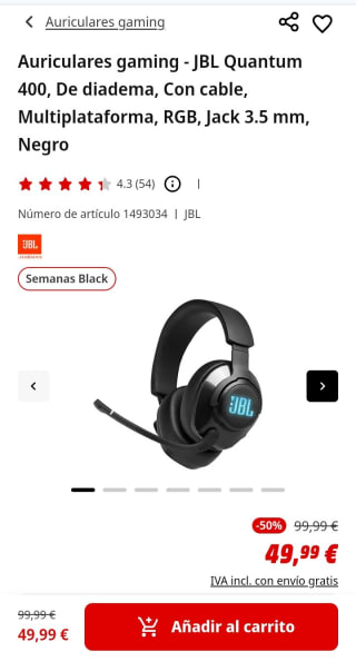 JBL Quantum 400 Auriculares Gaming por 49,99€.