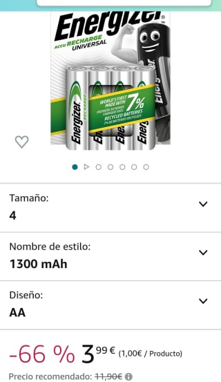 Energizer - Recargables, Pack de 4 pilas AA por 3,99€.