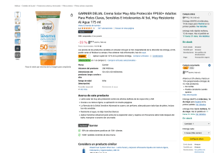 GARNIER DELIAL Crema Solar Muy Alta Protección FPS50+ Adultos para Pieles Claras Sensibles E Intolerantes Al Sol Resistente Al Agua por solo 7,92€