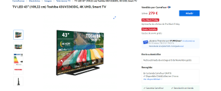 Smart TV LED 43" (109,22 cm) marca Toshiba modelo 43UV3363DG, 4K UHD por 279€