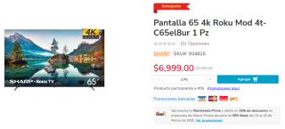 Pantalla Sharp 65” 4K Roku por $6,999 | HEB