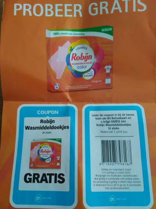 Robijn Wasmiddelendoekjes color 16 wasbeurten gratis bij de AH