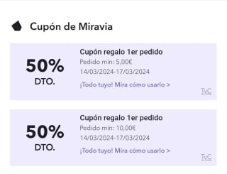 Miravia 2 nuevos cupones para nuevos usuarios 50% descuento
