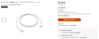 Câble USB C APPLE USB-C / USB-C 60W 1M tissé à 25€