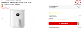 Freidora de aire Xiaomi Mi Smart Air Fryer, 1500 W, 3.5 l, 40-200°C, OLED por 37.19€