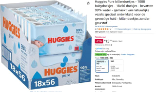 Huggies billendoekjes - Pure 99% water - 18 x 56 stuks - 1008 doekjes voor €15,39 bij Amazon