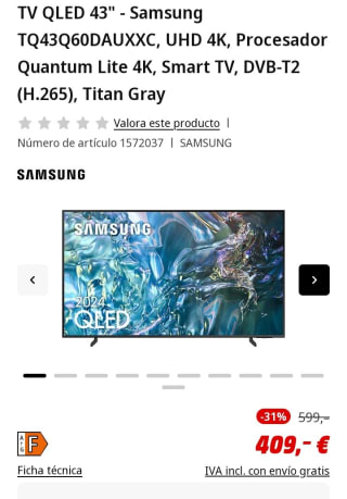 Samsung TV QLED 43" por 409€.