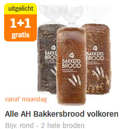Alle AH Bakkersbrood volkoren 1+1 gratis bij de AH