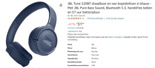 JBL Tune 520BT Blauw voor €31,99 bij Amazon