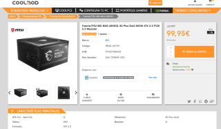 Fuente alimentación PCMSI MAG A850GL 850W 80 Plus Gold Modular ATX 3.0 PCIE 5.0 por 99,95€