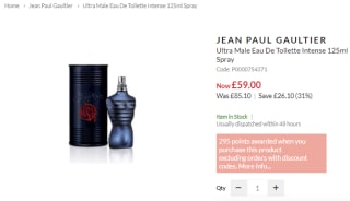 Catch a Jean Paul Gaultier ultra male eau de toilette intense 125ml spray from Beautybase for £49