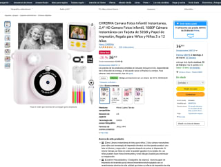 Camara CHRERNA Fotos Infantil Instantanea 2,4" HD Infantil Blanca por solo 18,49€36,99€