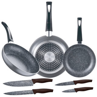 Set 3pc sarten 16+20+24cm aluminio prensado, inducción, negra soul marble con set 4pc cuchillos acero inoxidable