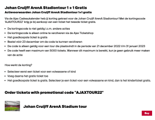 Johan Cruijff ArenA Stadiontour 1+1 gratis met de kortingscode