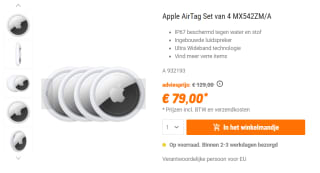 Apple AirTag - 4 stuks voor €79 bij NBB
