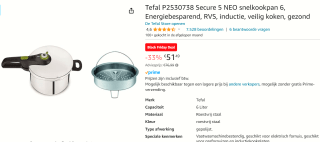 Tefal Secure5 NEO Snelkookpan - 6 liter voor €51,49 bij Amazon