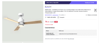 Mellerware Ventilador de Techo con Luz Brizy Bright Core 45W Ultra Silencioso 6 Velocidades 3 Aspas Reversibles por 78,19€