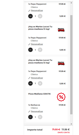 Telepizza 4 pizzas medianas por 17,85€ nos sale a 4,46€ unidad