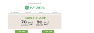 Descuento de 9€ o 7€ según importe de compra en Naturitas solamente desde la App