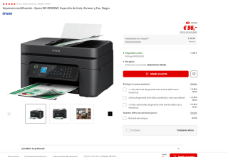 Impresora multifunción marca Epson modelo WF-2935DWF, Inyección de tinta, Escaner y Fax, Negro por 96€