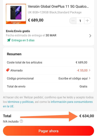 Móvil OnePlus 11 5G de 8GB/128GB por 634€
