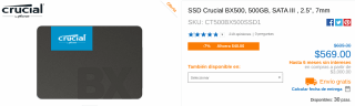 SSD Crucial BX500 500GB a $569 en CyberPuerta