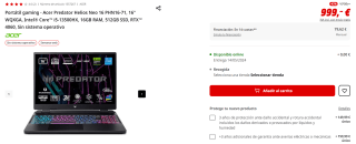 Portátil gaming Acer Predator Helios Neo 16 PHN16-71, 16" WQXGA, Intel Core i5-13500HX, 16GB RAM, 512GB SSD por 999€