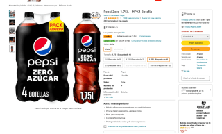 Pack 4 Botellas Pepsi Zero 1.75L MPK4 por solo 4,15€