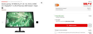 Monitor gaming Hp Omen 27q, 27", 2K, 1 ms, 165 Hz por 189,26€ (newsletter por 179,26€)