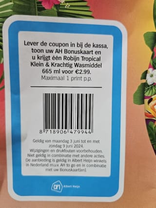 Robijn vloeibaar tropical voor €2,99 bij de AH