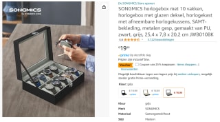 Songmics horlogebox met 10 vakken voor €14,99 bij Amazon NL