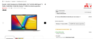 Portátil ASUS Vivobook Go E1504FA-NJ644 AMD Ryzen 5 7520U, 16GB RAM, 512GB SSD, Radeon 610M, Sin sistema operativo por 379€