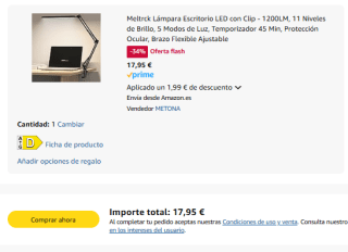 Meltrck Lámpara Escritorio LED con Clip - 1200LM, 11 Niveles de Brillo por 17,95€