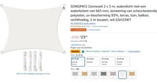Songmics waterdicht schaduwdoek (2 x 3 m) voor €19,67 bij Amazon