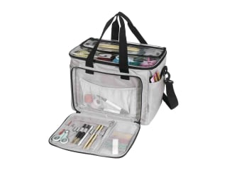 Bolsa de accesorios para tejer con bolsillo exterior organizador desplegable con 2 compartimentos y tiras elásticas para las agujas de tejer. por 11.99€