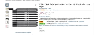 STABILO Rotulador premium Pen 68 - Caja con 10 unidades color negro por 3,73€