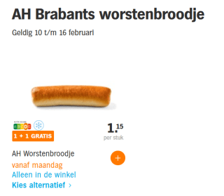1+1 gratis op een AH Brabants worstenbroodje