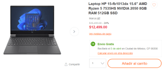 HP 15-FB1013DX 15.6" Ryzen 5 7535HS NVIDIA 2050 por $11,499 en Linio