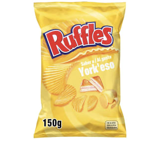 Ruffles Yorkeso Patatas Fritas con sabor a jamón y queso Producto de Aperitivo bolsa individual 150gr por solo 1,39€